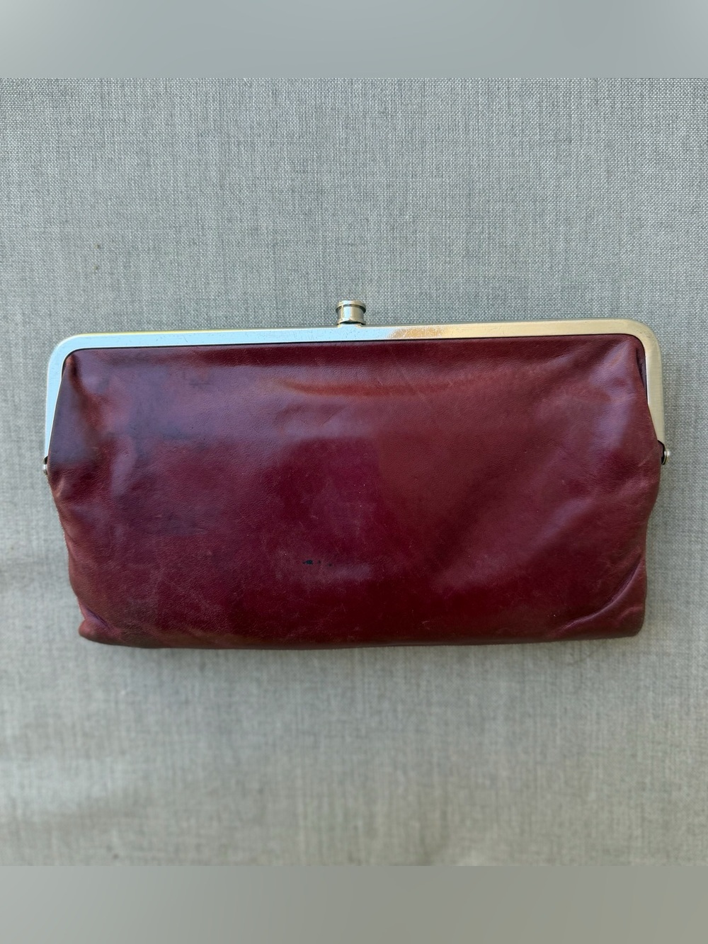 HOBO Lauren Clutch Wallet Burgundy Leather Double Frame Vintage Kiss Lock